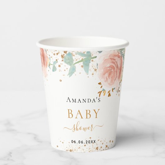 Baby shower meisje roos gouden roze flacon eucalyp papieren bekers (Achterkant)