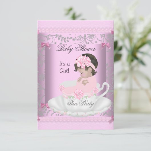  Baby shower Meisje Roze Baby in Teacup 3 Kaart (Staand voorkant)