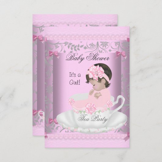 Baby shower Meisje Roze Baby in Teacup 3 Kaart (Voorkant / Achterkant)
