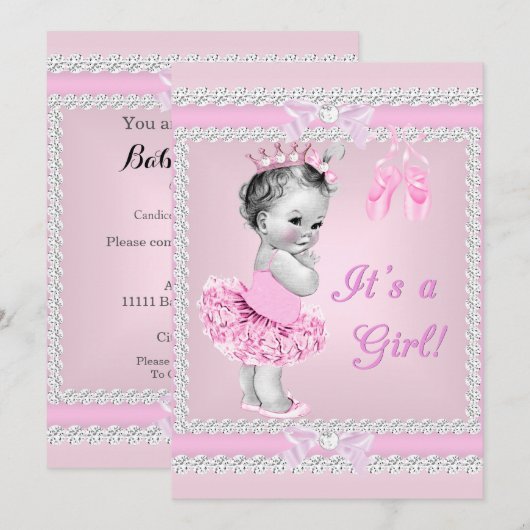  Baby shower  meisje Roze Ballerina Kaart (Voorkant / Achterkant)