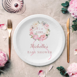 Baby Shower meisje roze bloemenkrans  Papieren Bordje