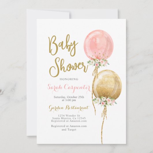 Baby shower meisje roze en gouden ballonnen kaart (Voorkant)