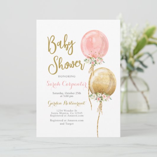 Baby shower meisje roze en gouden ballonnen kaart (Staand voorkant)
