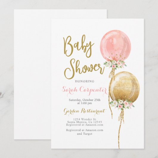 Baby shower meisje roze en gouden ballonnen kaart (Voorkant / Achterkant)