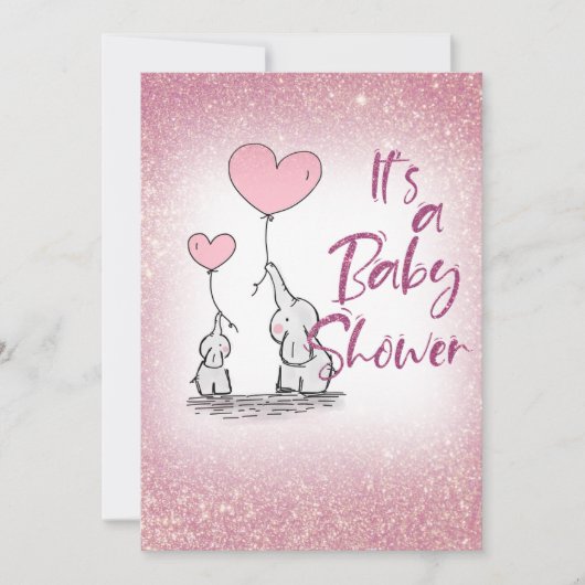 Baby shower Meisje Roze Gradient Glitter Olifanten Kaart (Voorkant)