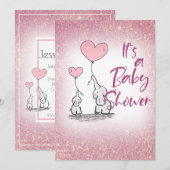 Baby shower Meisje Roze Gradient Glitter Olifanten Kaart (Voorkant / Achterkant)