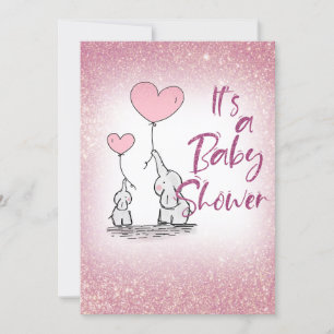 Baby shower Meisje Roze Gradient Glitter Olifanten Kaart