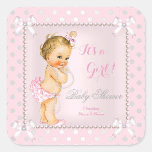 Baby shower Meisje Roze Grijs Parel Blond Vierkante Sticker