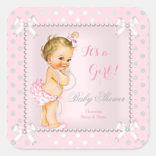 Baby shower Meisje Roze Grijs Parel Blond Vierkante Sticker (Voorkant)
