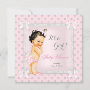 Baby Shower Meisje Roze Grijs Stippen Bruine Haren Kaart