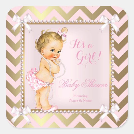 Baby shower Meisje Roze Parel Goud Chevron Blond Vierkante Sticker (Voorkant)