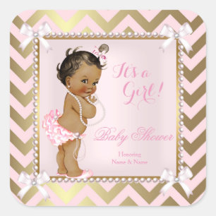 Baby Shower Meisje Roze Parel Goud Chevron Etnisch Vierkante Sticker
