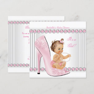 Baby Shower Meisje Roze Parel Hoge Hak Schoenen Kaart