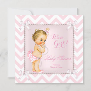 Baby Shower Meisje Roze Parel Witte Chevron Blond Kaart