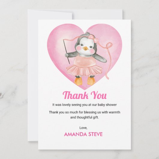 Baby shower Meisje Roze Pinguïn Dank je Kaart (Voorkant)