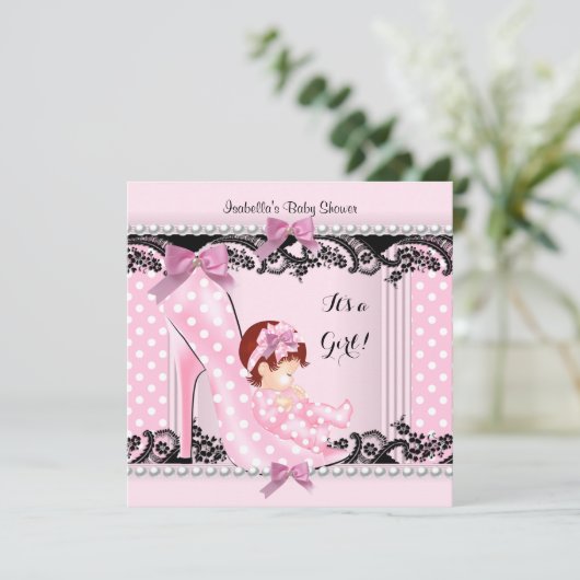 Baby shower meisje Roze poka Dots High Hiel Schop  Kaart (Staand voorkant)