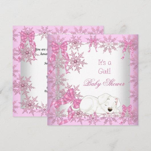 Baby shower Meisje  Roze Snowflakes Puppy 2 Kaart (Voorkant / Achterkant)