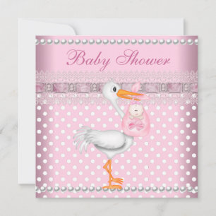 Baby Shower Meisje Roze Stip Parel Ooievaar Kaart
