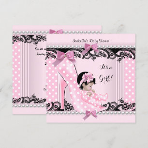 Baby Shower Meisje Roze Stippen Hoge Hak Schoen 4 Kaart