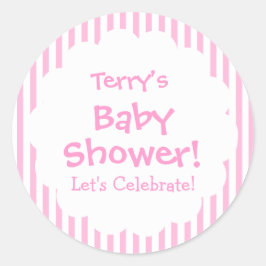 Baby shower MEISJE Roze Strepen V8 Ronde Sticker