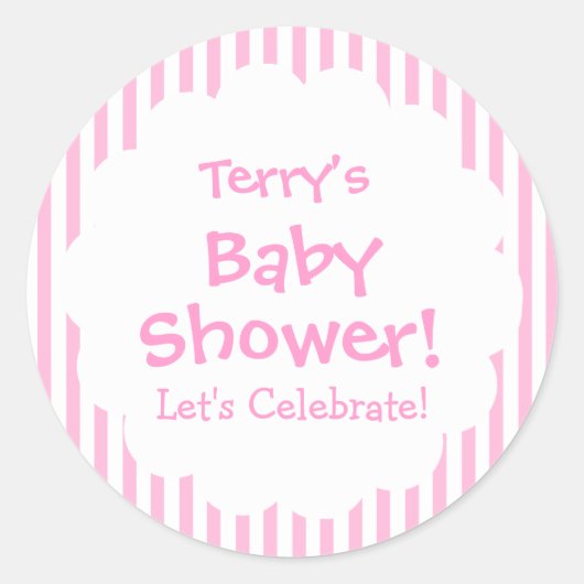Baby shower MEISJE Roze Strepen V8 Ronde Sticker (Voorkant)