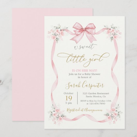 Baby shower Meisje roze strik Kaart (Voorkant / Achterkant)