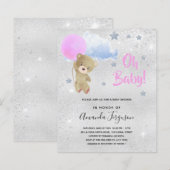 Baby shower meisje roze teddybeer zilveren uitnodi (Voorkant / Achterkant)