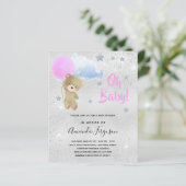 Baby shower meisje roze teddybeer zilveren uitnodi (Staand voorkant)