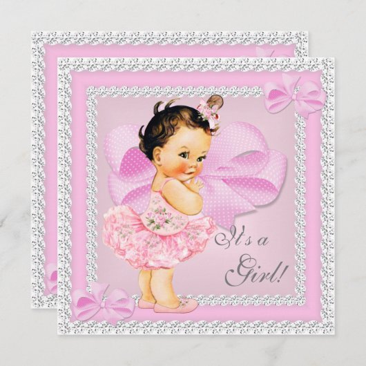  Baby shower  meisje Roze Tutu Brunette Kaart (Voorkant / Achterkant)