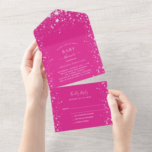 Baby shower meisje roze witte sterren RSVP All In One Uitnodiging (Afscheurbaar)