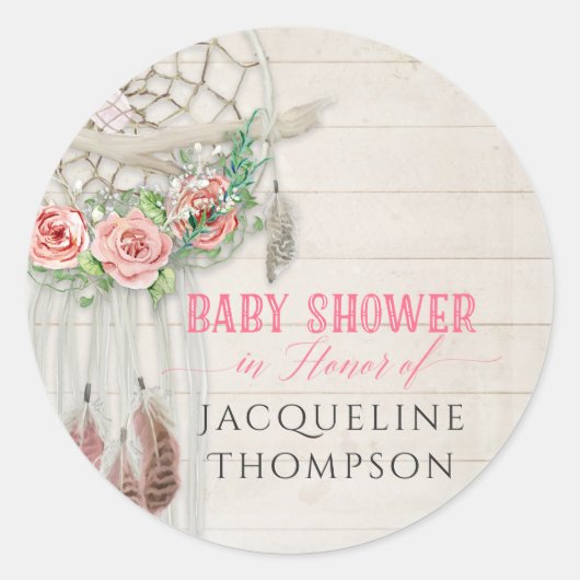 Baby shower Meisje Rozen BOHO Bohemian Dream Catch Ronde Sticker (Voorkant)