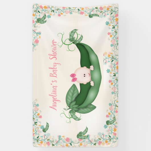 Baby shower Meisje Sweet Pea Pink Bow Peapod Banne Spandoek (Verticaal)