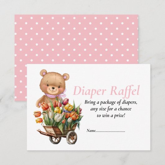 Baby Shower Meisje Teddy Bloem Diaper Raffel   Kaart (Voorkant / Achterkant)