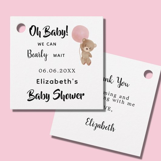 Baby shower meisje teddybeer roze wit bedankjes labels