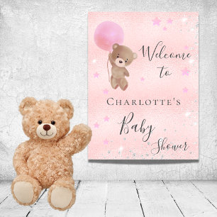 Baby shower meisje teddybeer roze zilver welkom poster