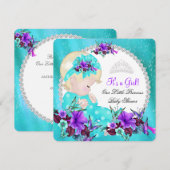 Baby Shower Meisje Turkoois Blauw Paars Bloem 3 Kaart (Voorkant / Achterkant)
