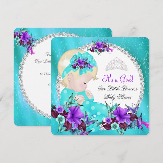 Baby Shower Meisje Turkoois Blauw Paars Bloem 3 Kaart (Voorkant / Achterkant)