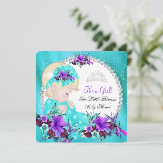 Baby Shower Meisje Turkoois Blauw Paars Bloem 3 Kaart (Staand voorkant)