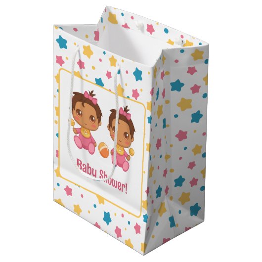Baby shower meisje tweeling sterren donker medium cadeauzakje (Voorkant Gekanteld)