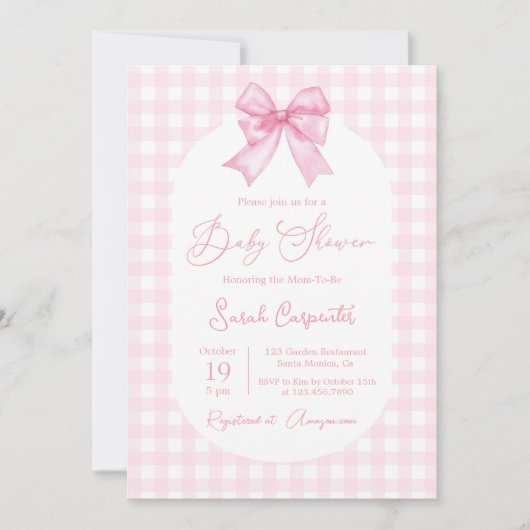 Baby shower Meisje uitnodiging met boog (Voorkant)