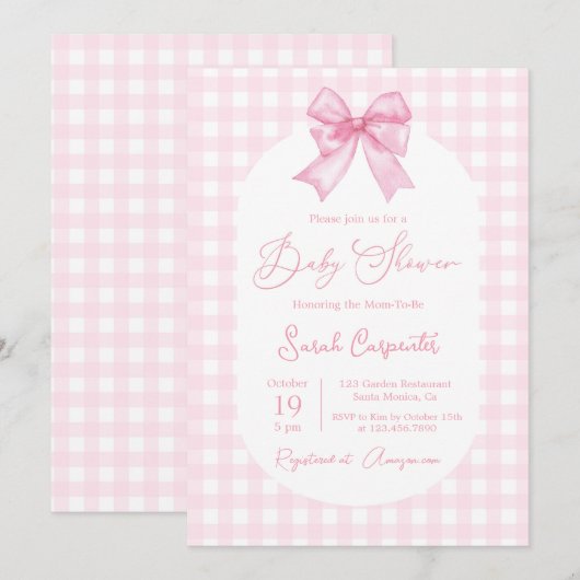 Baby shower Meisje uitnodiging met boog (Voorkant / Achterkant)