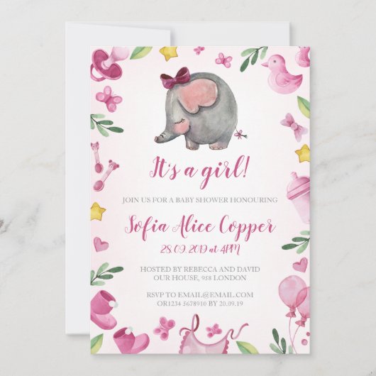 Baby shower meisje uitnodiging | Roze | Olifant (Voorkant)