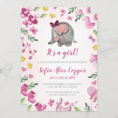 Baby shower meisje uitnodiging | Roze | Olifant (Voorkant / Achterkant)