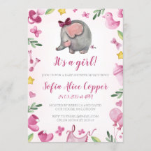 Baby shower meisje uitnodiging | Roze | Olifant