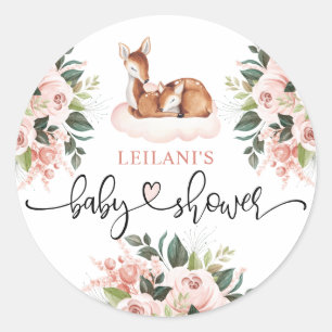 Baby shower Meisje Waterverf Herten Roze Bloemen Ronde Sticker