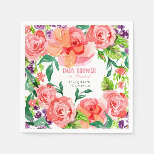 Baby shower Meisje Waterverf Moderne Bloemen Rozen Servetten (Voorkant)