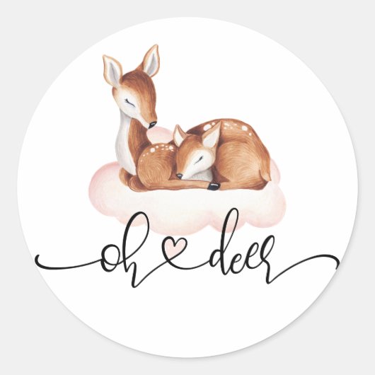 Baby shower Meisje Waterverf Oh Deer Pink Cloud Ronde Sticker (Voorkant)