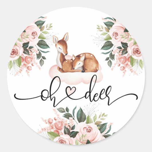 Baby shower Meisje Waterverf Oh Deer Pink Floral Ronde Sticker (Voorkant)