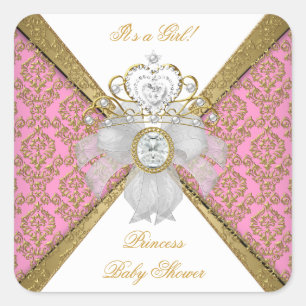 Baby Shower Meisje Wit Roze Prinses Damast Vierkante Sticker