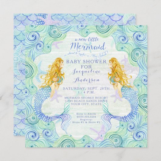 Baby shower Meisje Zeemeermin Waterverf Waves Wood Kaart (Voorkant / Achterkant)